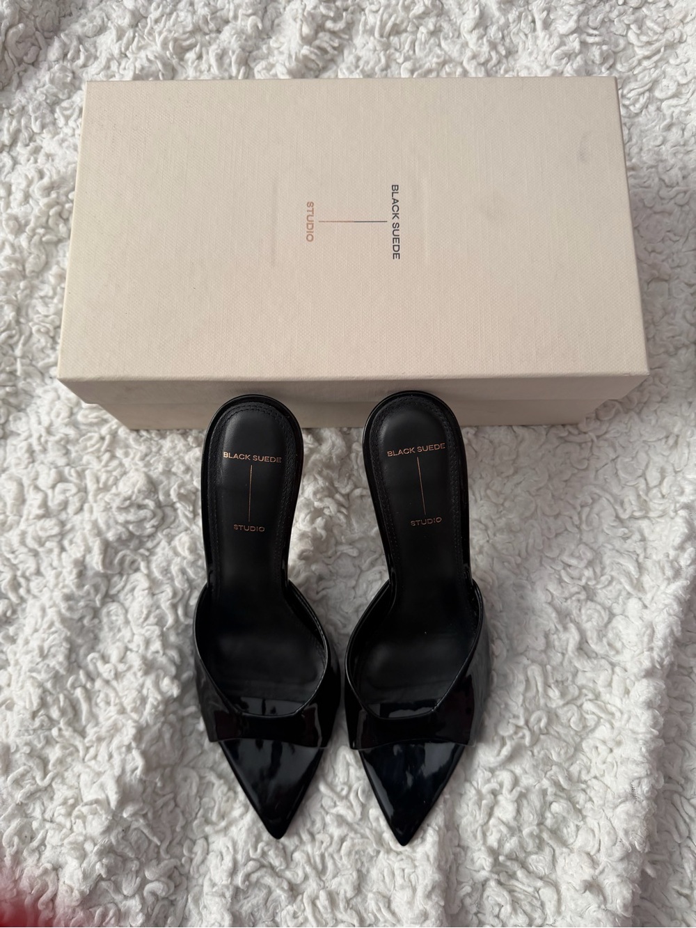 Black Suede Studio Black Pointed Patent Heels